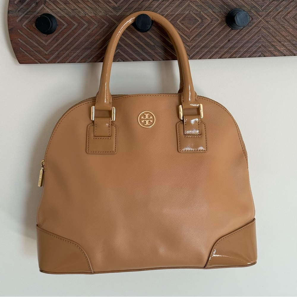 Tory Burch Robinson Dome Satchel Beige Camel Genuine Leather